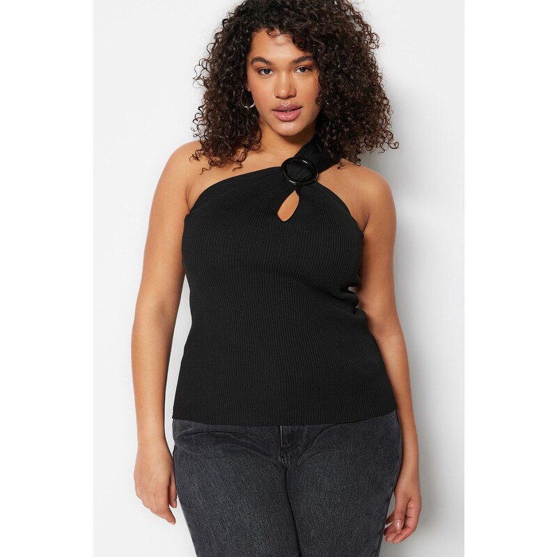 Trendyol Curve Black Wrapped One-Shoulder Thin Knitwear Blouse with Accessories