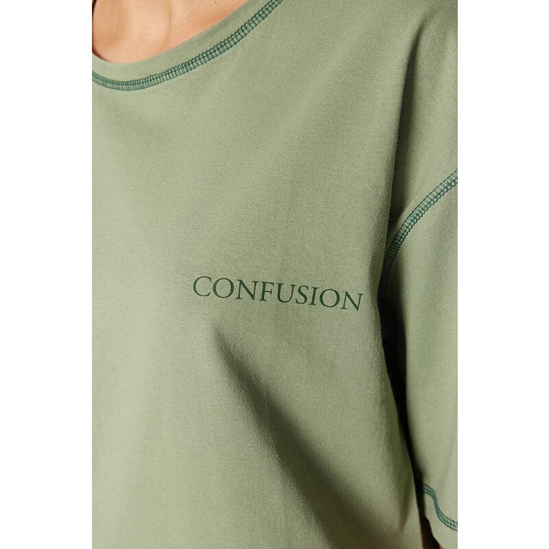Trendyol Green 100% Cotton Cocoa Stitched and Printed Relaxed/Wide Relaxed Cut Knitted T-Shirt