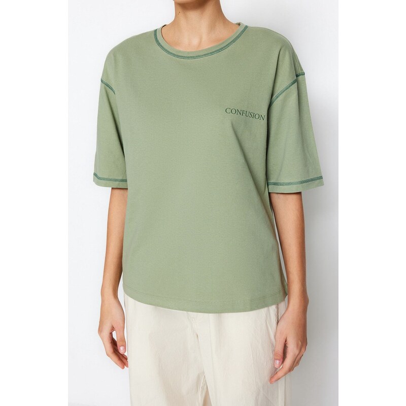 Trendyol Green 100% Cotton Cocoa Stitched and Printed Relaxed/Wide Relaxed Cut Knitted T-Shirt