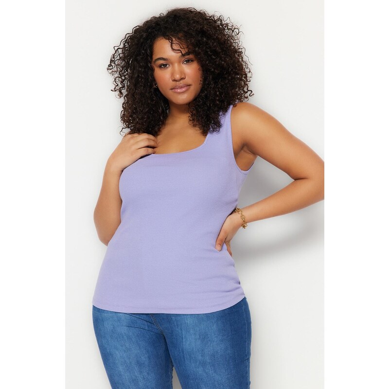 Trendyol Curve Lilac Basic Corduroy Knitted Square Collar Singlet