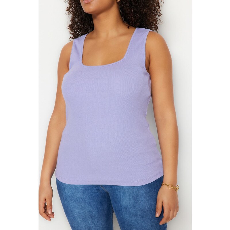 Trendyol Curve Lilac Basic Corduroy Knitted Square Collar Singlet