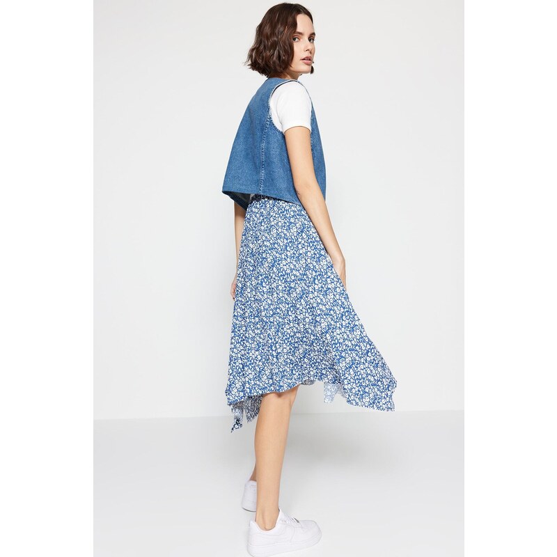 Trendyol Indigo Patterned Ruffle Asymmetrical High Waist Midi Stretch Knit Skirt