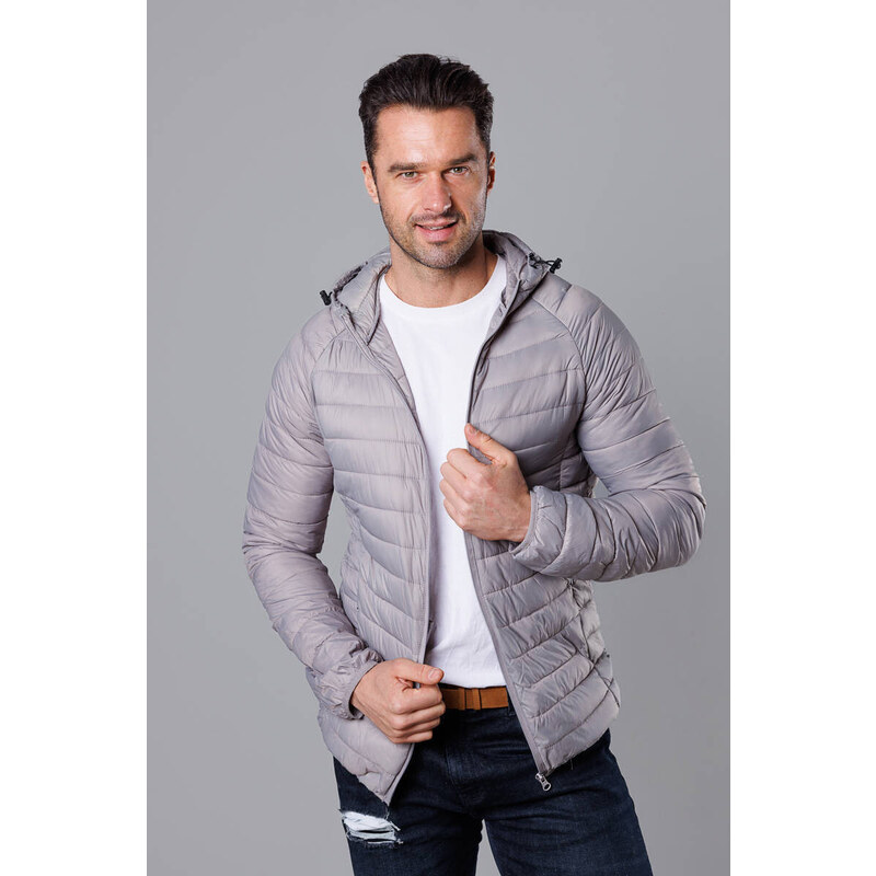 J.STYLE Pánská prošívaná bunda s kapucí světle šedá (HM112-30)