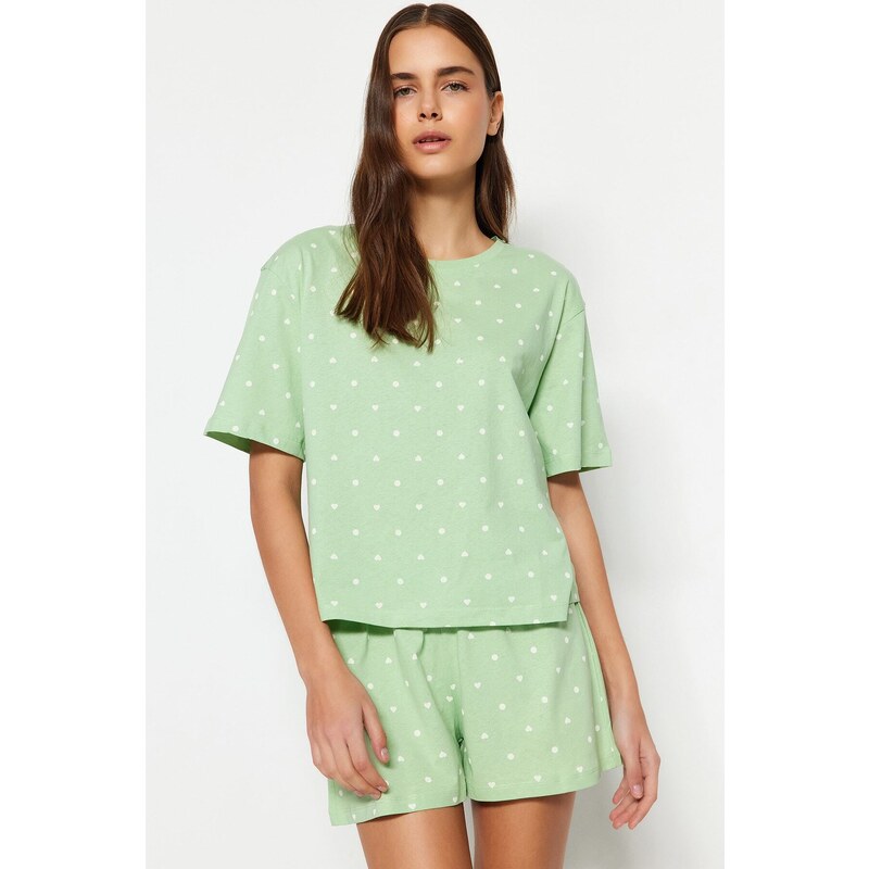 Trendyol Mint 100% Cotton Heart Patterned T-shirt-Shorts Knitted Pajamas Set