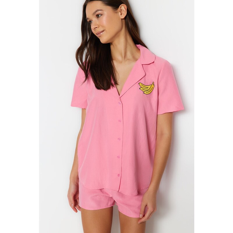 Trendyol Pink Banana Embroidered Shirt-Shorts Woven Pajama Set