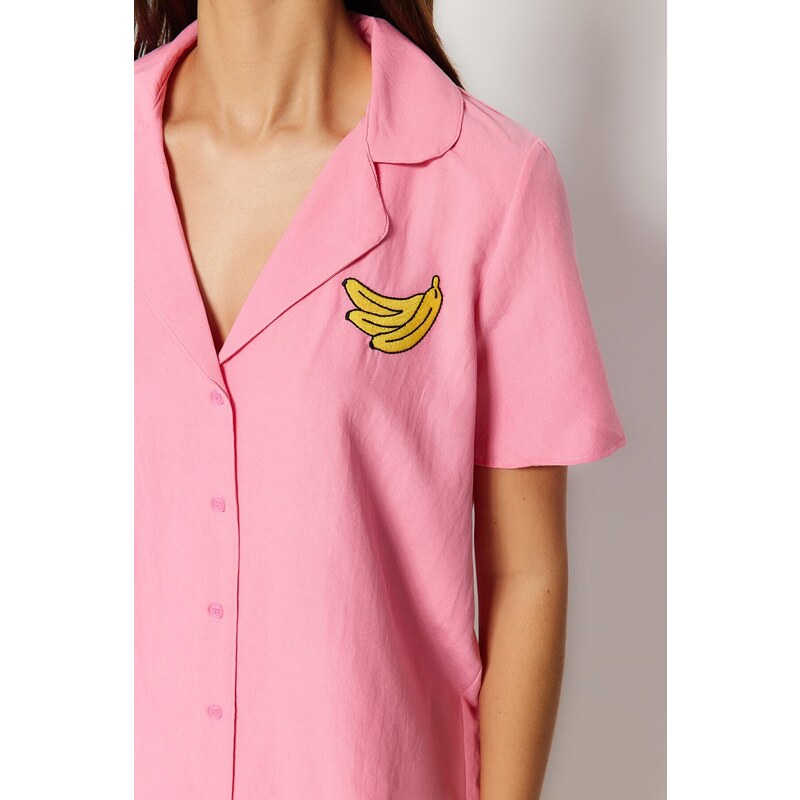 Trendyol Pink Banana Embroidered Shirt-Shorts Woven Pajama Set