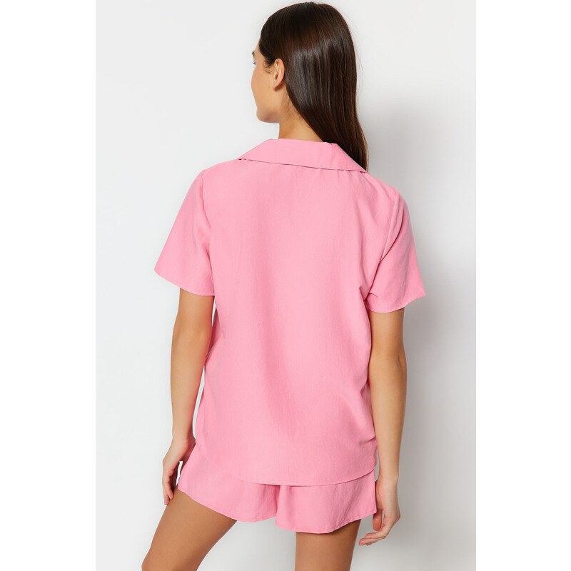 Trendyol Pink Banana Embroidered Shirt-Shorts Woven Pajama Set