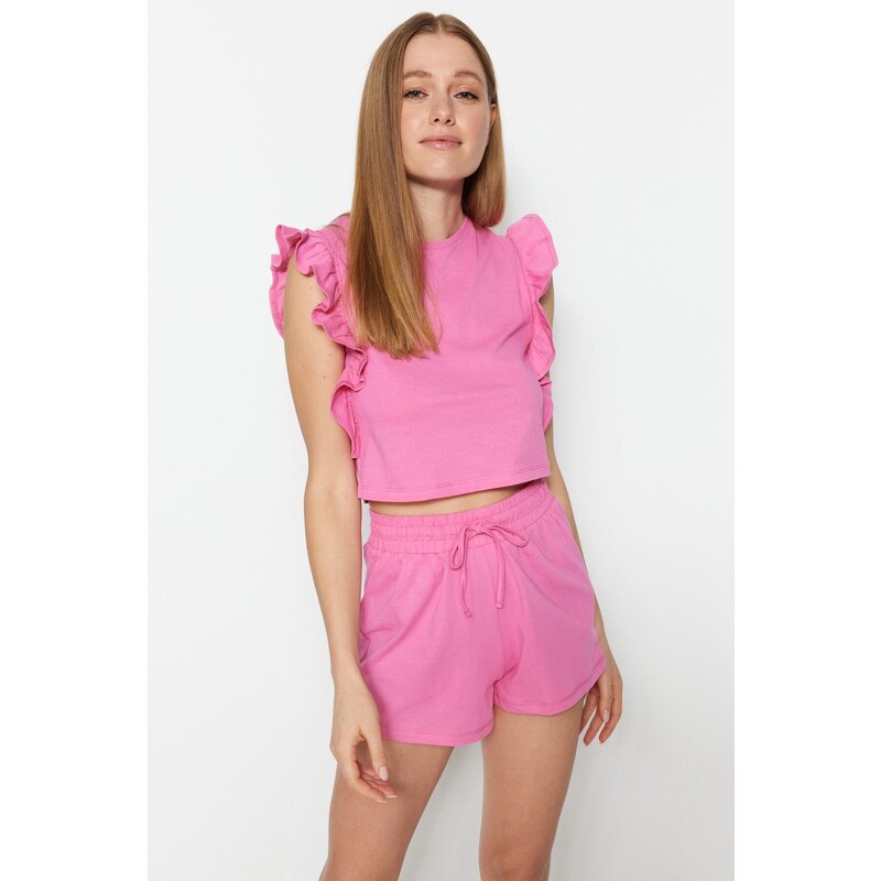 Trendyol Pink 100% Cotton Ruffled T-shirt-Shorts, Knitted Pajamas Set