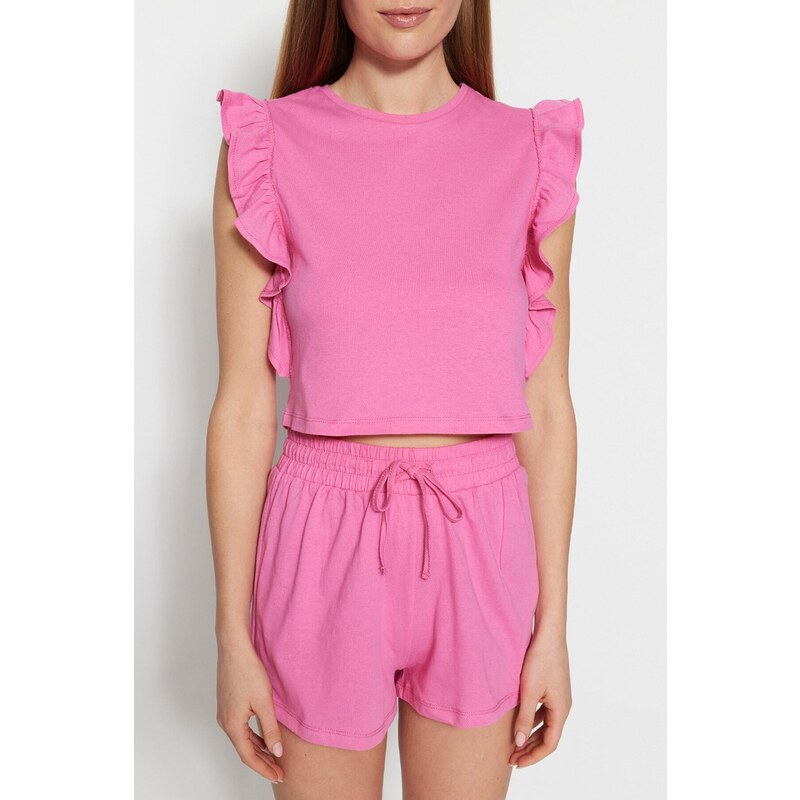 Trendyol Pink 100% Cotton Ruffled T-shirt-Shorts, Knitted Pajamas Set