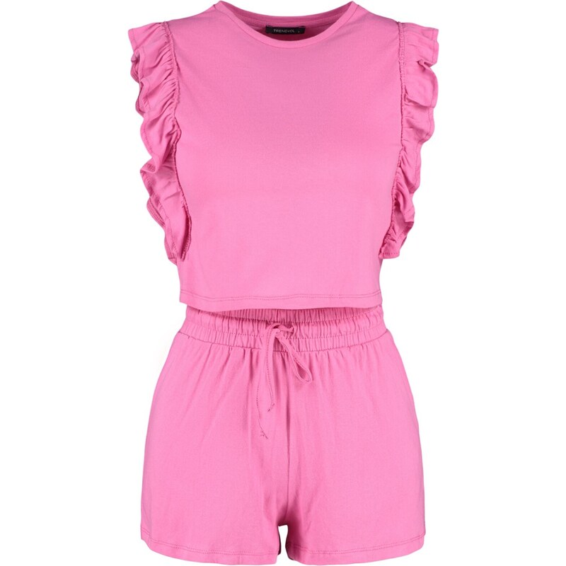 Trendyol Pink 100% Cotton Ruffled T-shirt-Shorts, Knitted Pajamas Set