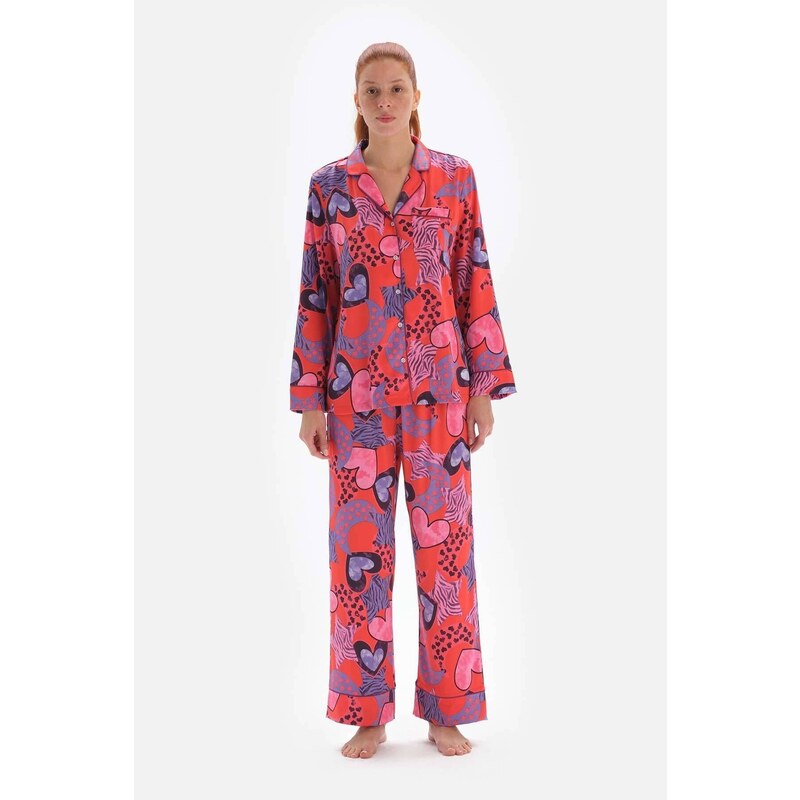 Dagi Pomegranate Flower Patterned Shirt Collar Satin Pajama Top