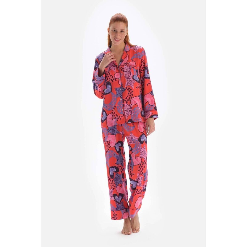 Dagi Pomegranate Flower Patterned Shirt Collar Satin Pajama Top