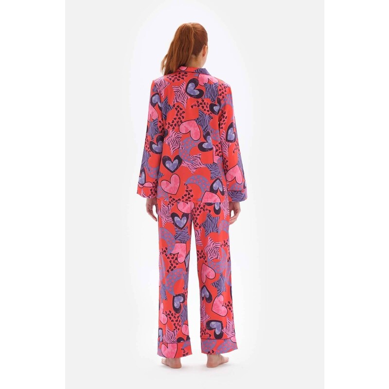 Dagi Pomegranate Flower Patterned Shirt Collar Satin Pajama Top