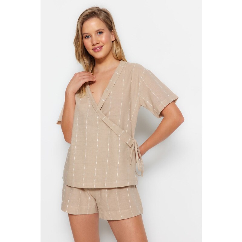 Trendyol Beige 100% Cotton Striped Viscose Wide Fit Woven Pajamas Set