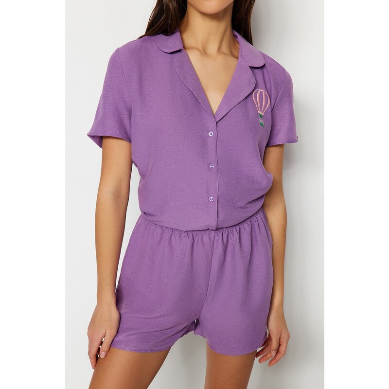 Trendyol Purple Fun Embroidered Shirt-Shorts Weave Pajamas Set