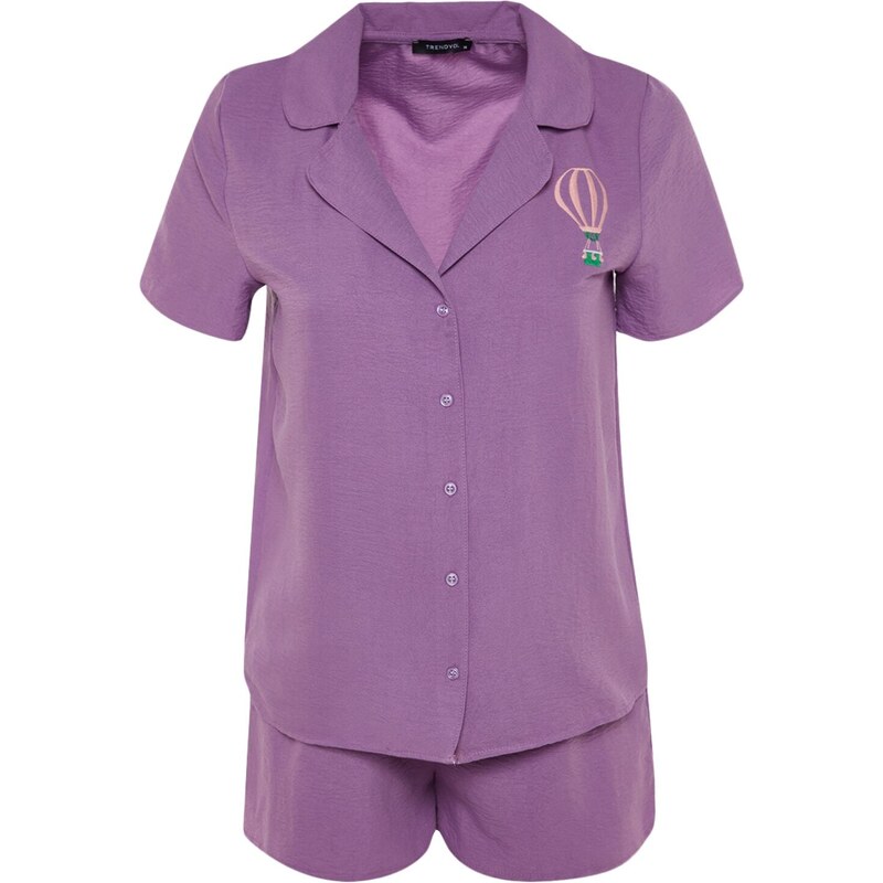 Trendyol Purple Fun Embroidered Shirt-Shorts Weave Pajamas Set