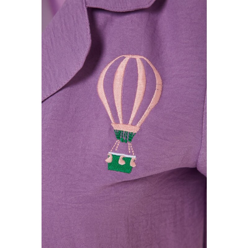 Trendyol Purple Fun Embroidered Shirt-Shorts Weave Pajamas Set