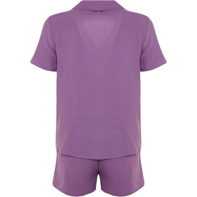 Trendyol Purple Fun Embroidered Shirt-Shorts Weave Pajamas Set