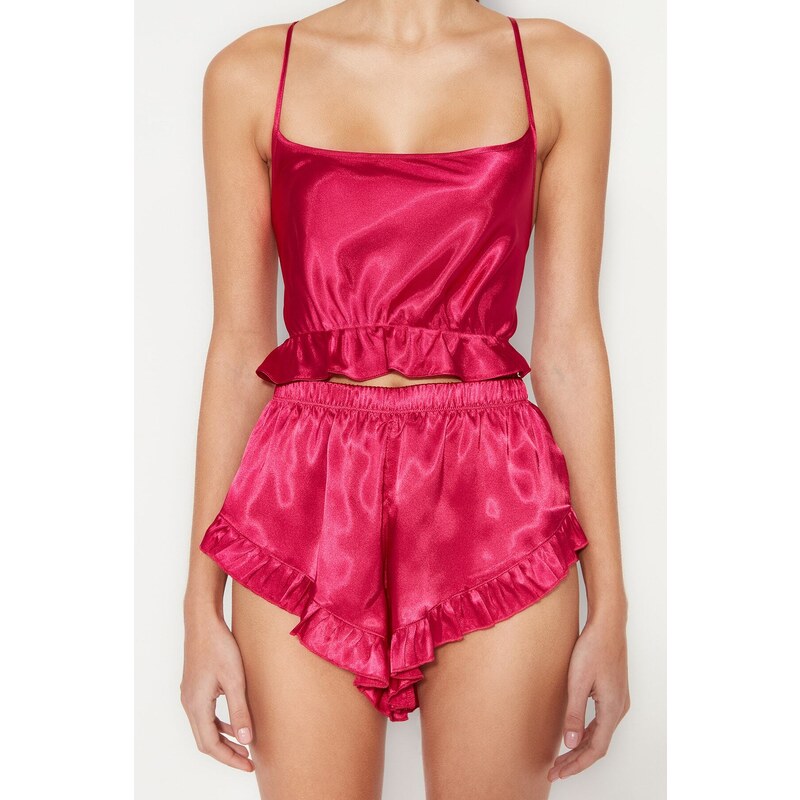 Trendyol Fuchsia Ruffle and Back Detail Satin Singlet-Shorts, Woven Pajamas Set