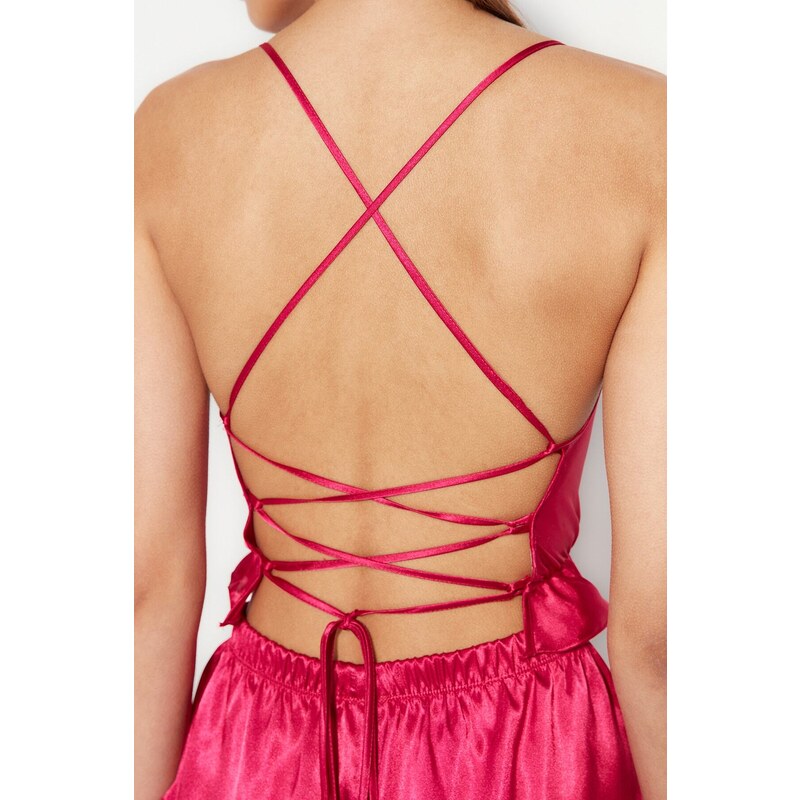 Trendyol Fuchsia Ruffle and Back Detail Satin Singlet-Shorts, Woven Pajamas Set