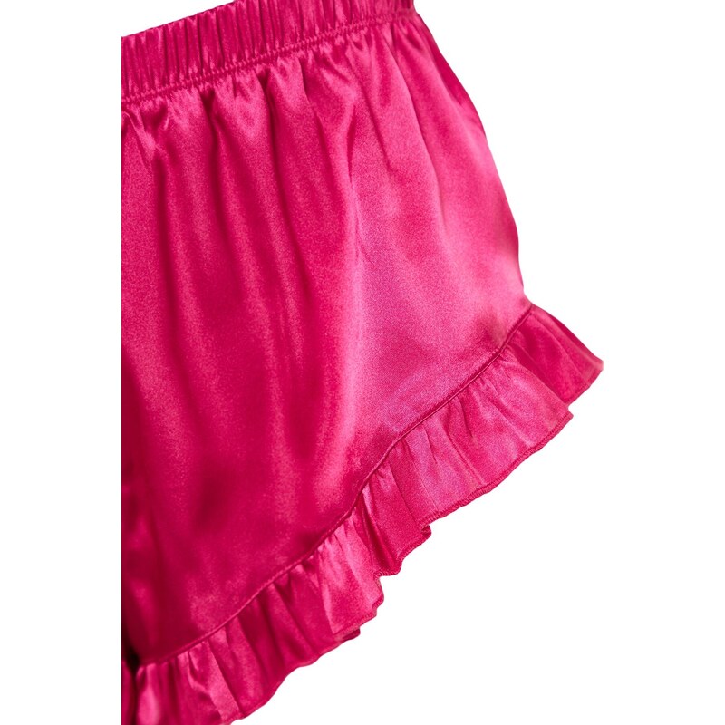 Trendyol Fuchsia Ruffle and Back Detail Satin Singlet-Shorts, Woven Pajamas Set