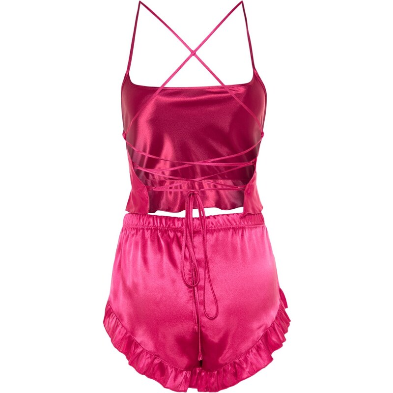 Trendyol Fuchsia Ruffle and Back Detail Satin Singlet-Shorts, Woven Pajamas Set