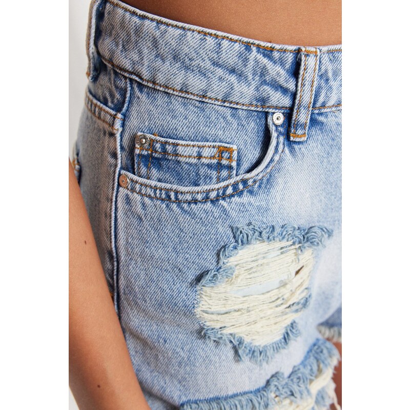 Trendyol Ripped Blue Mini Denim 100% Cotton Shorts & Bermuda