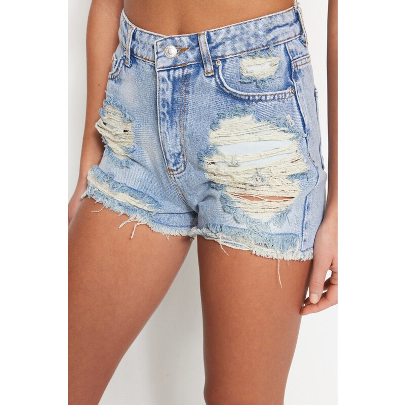 Trendyol Ripped Blue Mini Denim 100% Cotton Shorts & Bermuda