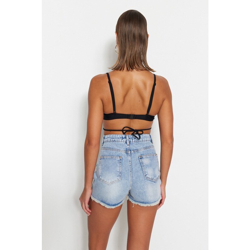 Trendyol Ripped Blue Mini Denim 100% Cotton Shorts & Bermuda