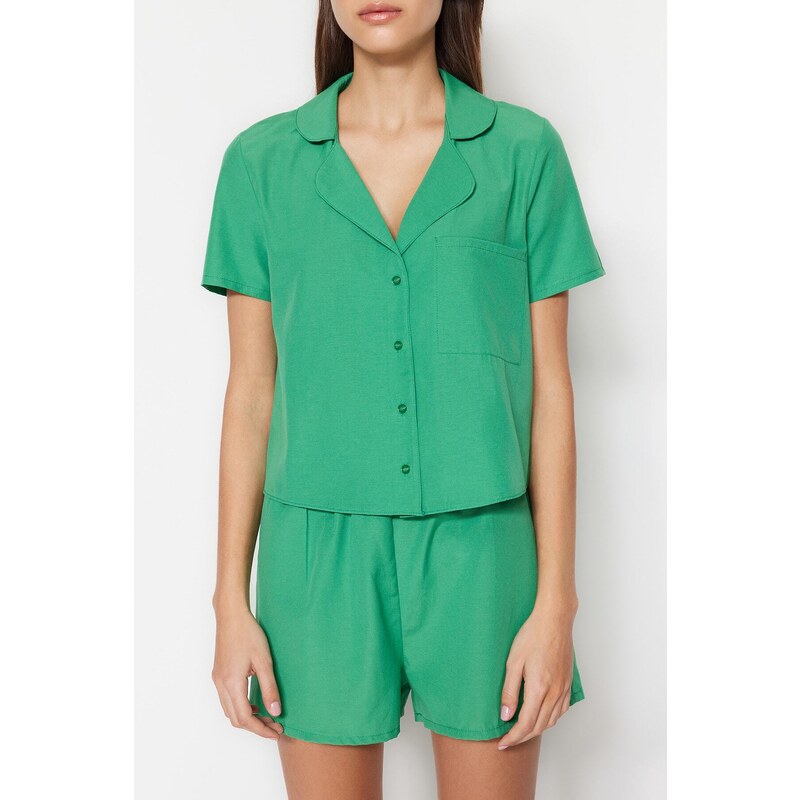 Trendyol Green Terrycotton Shirt-Shorts Woven Pajamas Set