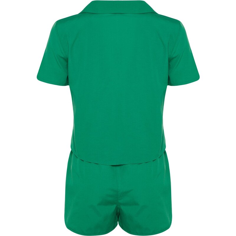 Trendyol Green Terrycotton Shirt-Shorts Woven Pajamas Set