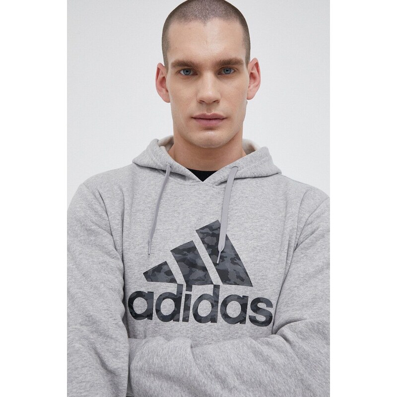 Mikina adidas pánská, šedá barva, s kapucí, s potiskem