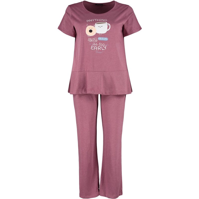 Trendyol Curve Burgundy Printed Short Sleeve Knitted Pajamas Set