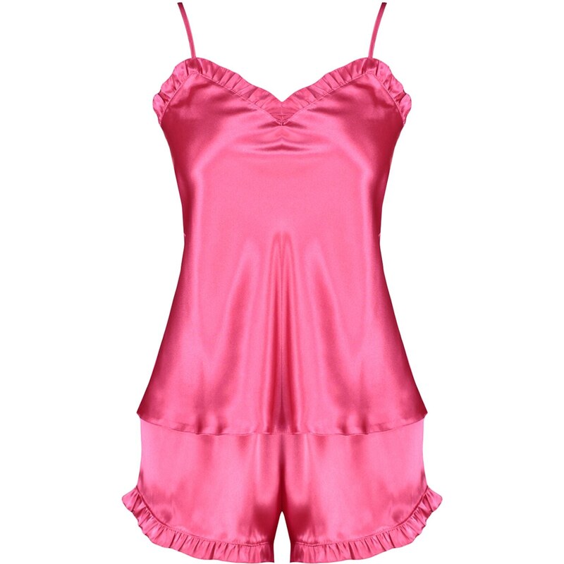 Trendyol Fuchsia Ruffled Satin Tank Top-Shorts Woven Pajama Set