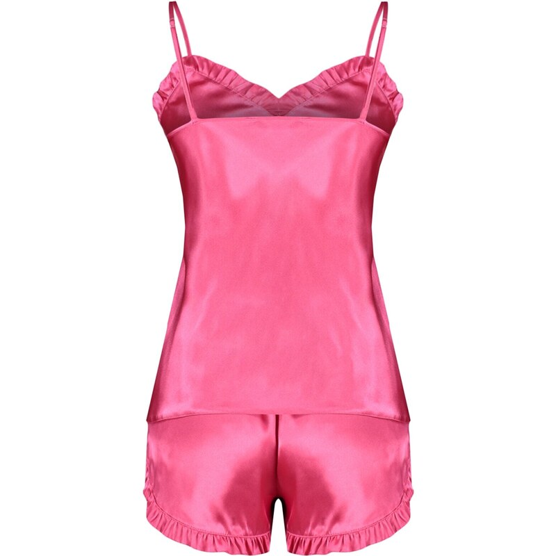 Trendyol Fuchsia Ruffled Satin Tank Top-Shorts Woven Pajama Set