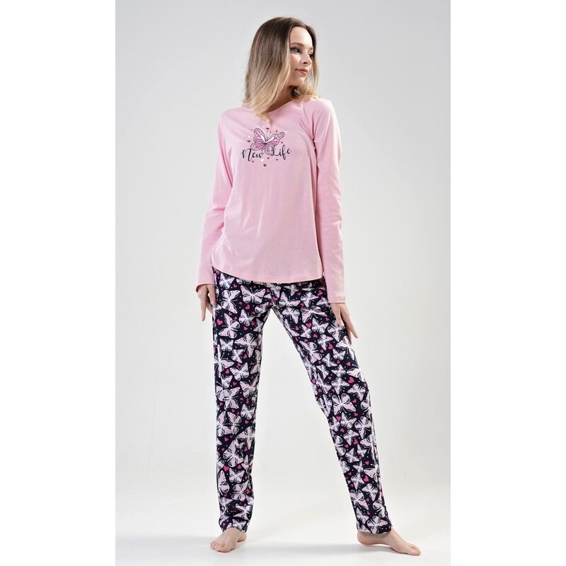 Vienetta Secret Dámské pyžamo dlouhé Motýlci - světle růžová