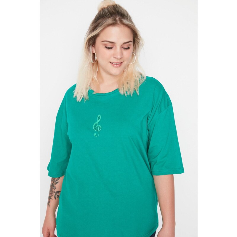 Trendyol Curve Green Wide Fit Embroidered Knitted T-Shirt