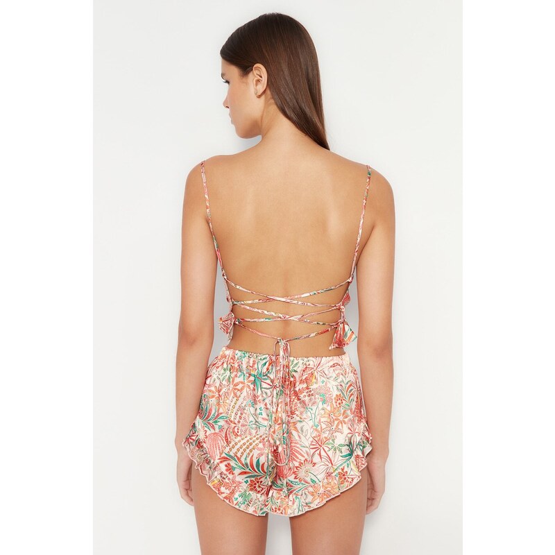 Trendyol Multicolored Floral Ruffle and Back Detailed Satin Singlet-Shorts Woven Pajamas Set.