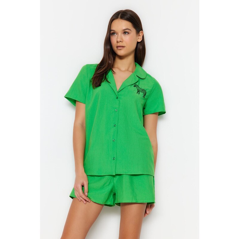 Trendyol Green Zebra Embroidered Shirt-Shorts Woven Pajamas Set