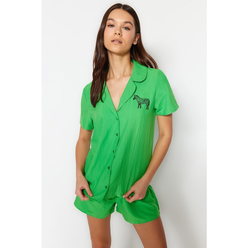 Trendyol Green Zebra Embroidered Shirt-Shorts Woven Pajamas Set
