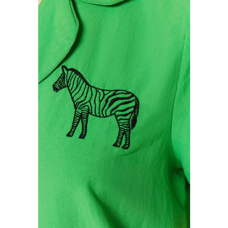 Trendyol Green Zebra Embroidered Shirt-Shorts Woven Pajamas Set