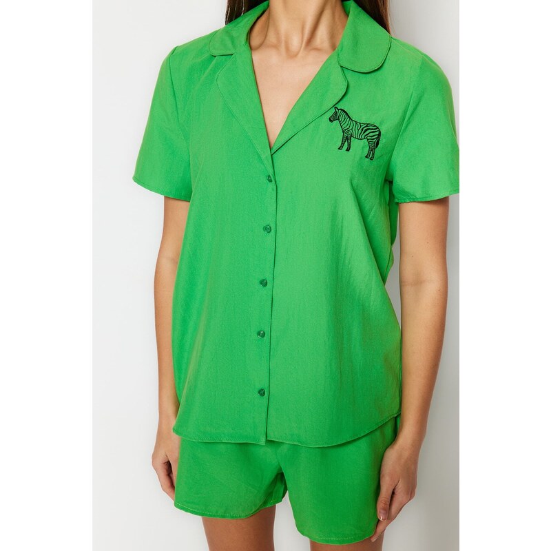 Trendyol Green Zebra Embroidered Shirt-Shorts Woven Pajamas Set