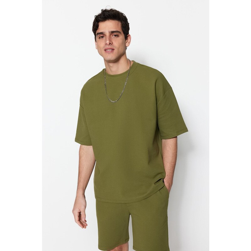 Trendyol Limitovaná edice Khaki Oversize 100% bavlna označená texturou Basic Thick T-Shirt