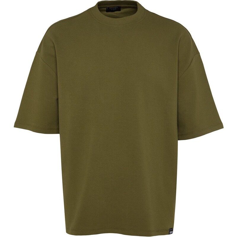 Trendyol Limitovaná edice Khaki Oversize 100% bavlna označená texturou Basic Thick T-Shirt