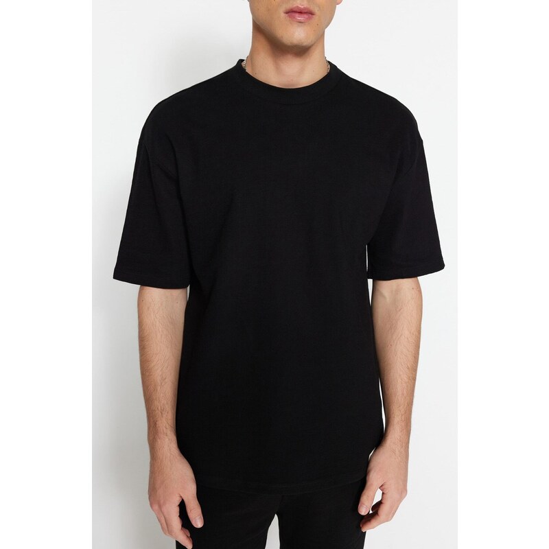 Trendyol Limited Edition Black Oversize 100% Cotton Labeled Textured Basic Thick T-Shirt