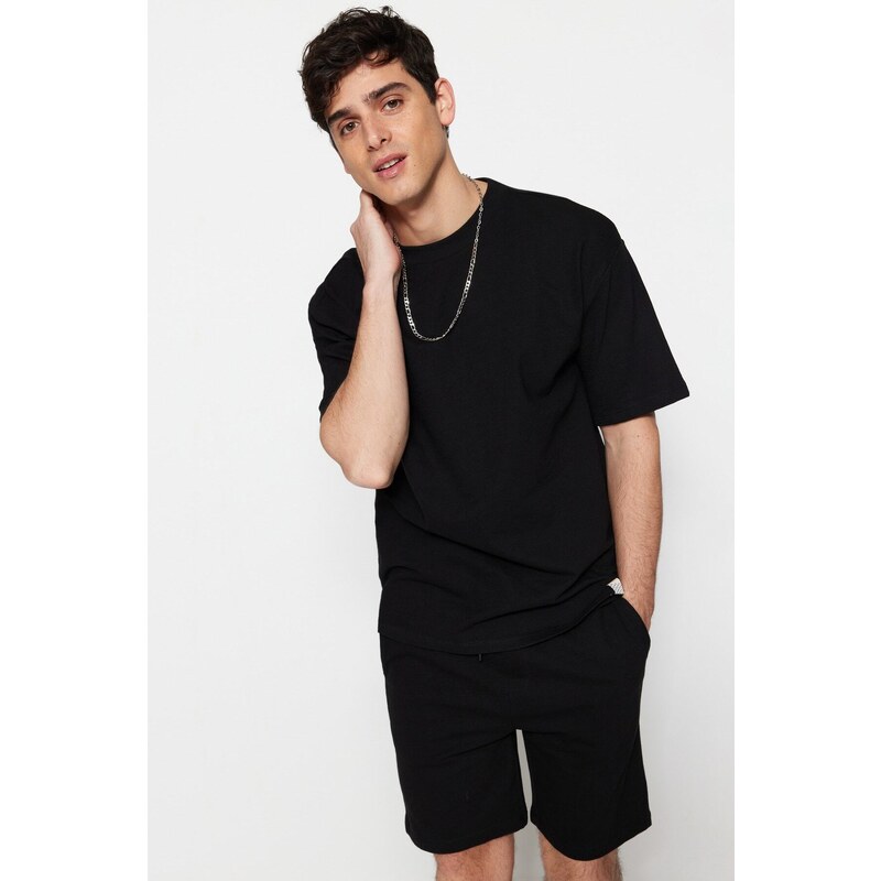 Trendyol Limited Edition Black Oversize 100% Cotton Labeled Textured Basic Thick T-Shirt