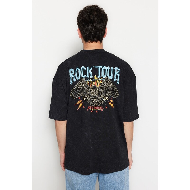 Trendyol Black Oversize/Wide-Fit Weathered/Faded Effect Rock Print 100% Cotton T-Shirt