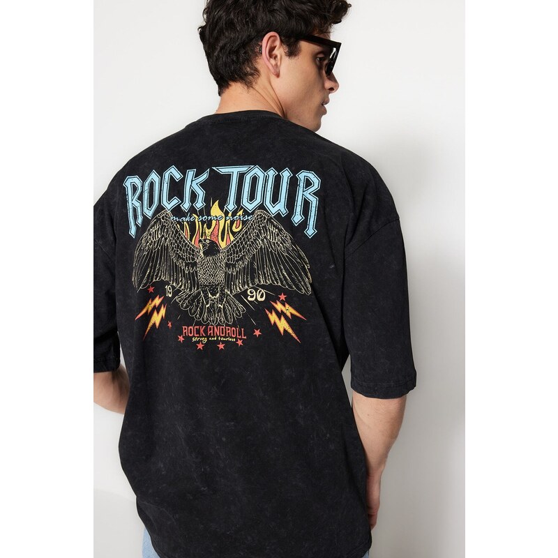 Trendyol Black Oversize/Wide-Fit Weathered/Faded Effect Rock Print 100% Cotton T-Shirt