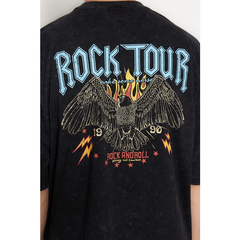 Trendyol Black Oversize/Wide-Fit Weathered/Faded Effect Rock Print 100% Cotton T-Shirt