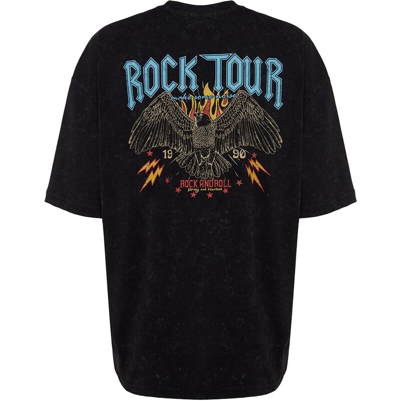 Trendyol Black Oversize/Wide-Fit Weathered/Faded Effect Rock Print 100% Cotton T-Shirt